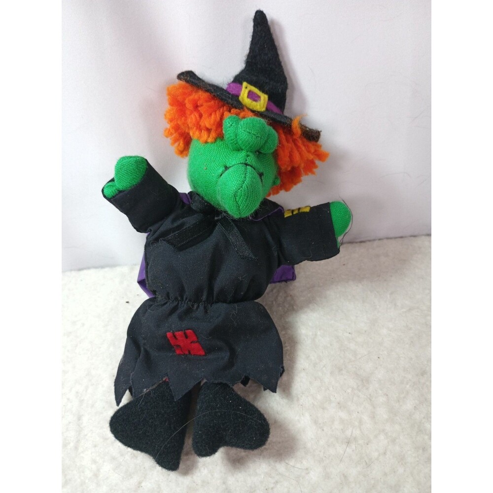 Vintage 1988 Gibson Halloween Witch Plush Doll Orange Hair Black Dress 10in